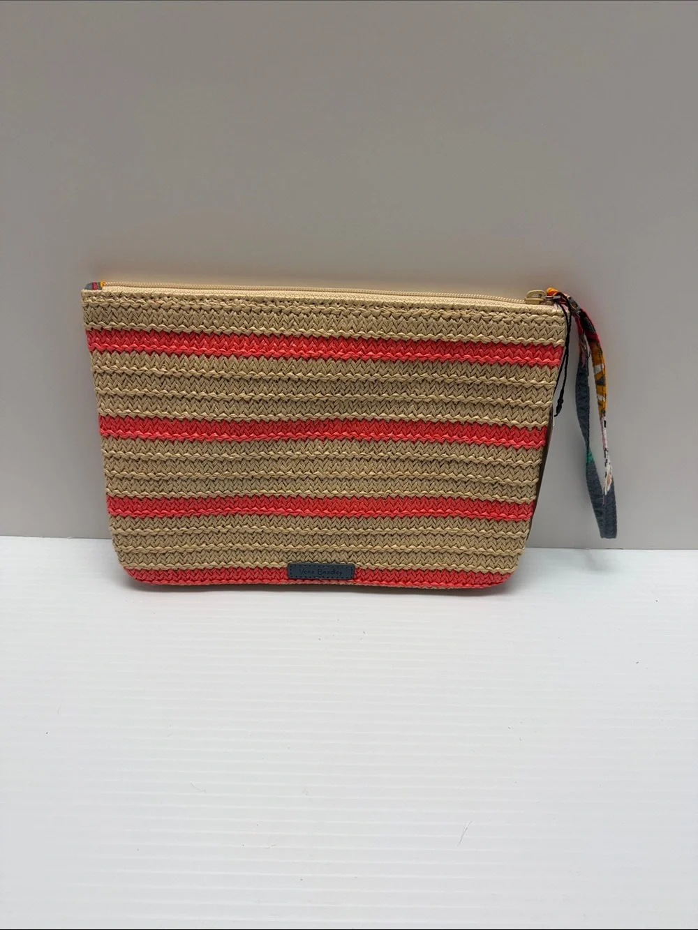 Vera Bradley Woven Straw Wristlet Pouch with Coral Stripe and Parrot Embroidery